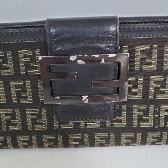 Fendi Zucca Vintage Wallet Canvas Leather Wallet Brown Purse Trifold Large Logo - Picture 2 of 13